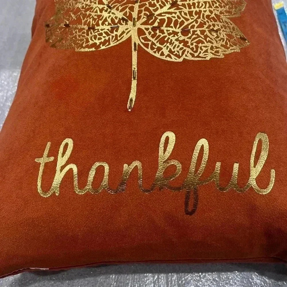 Pumpkin Red Faux Suede Fabric Pillow with Golden Maple Leaf and ‘Thankful’ Print - Picture 6 of 8